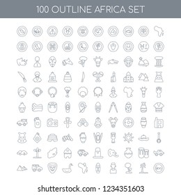 100 Africa universal icons set with linear, Oasis Tree African Mask Map Stork Lion Car Pyramids linear