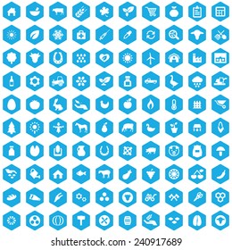 100 agriculture, farm icons, blue hexagon background 