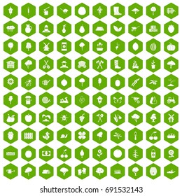 100 agriculture icons set in green hexagon isolated vector illustration