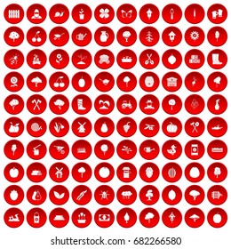 100 agriculture icons set in red circle isolated on white vector illustration
