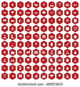 100 agriculture icons set in red hexagon isolated vector illustration