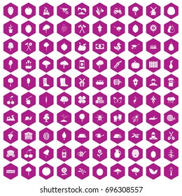 100 agriculture icons set in violet hexagon isolated vector illustration