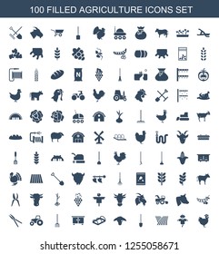 100 agriculture icons. Trendy agriculture icons white background. Included filled icons such as chicken, scarecrow, field, shovel, goat, greenohuse. agriculture icon for web and mobile.
