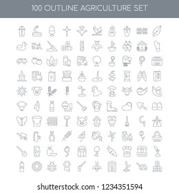 100 agriculture universal icons set with Leaf linear, Lawn mower Sprout Warehouse Bee Honey Honeycomb Ladybug Sunflower Milk bottle linear