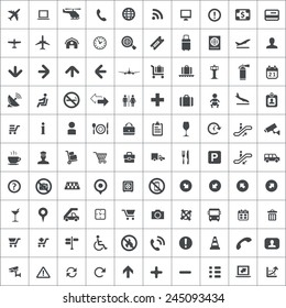 100 airport icons, black on square white background 