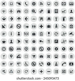 100 airport icons, black on circle gray background 
