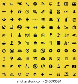 100 airport icons, black on yellow background 