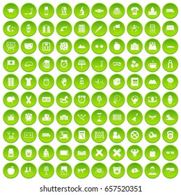 100 alarm clock icons set green circle isolated on white background vector illustration
