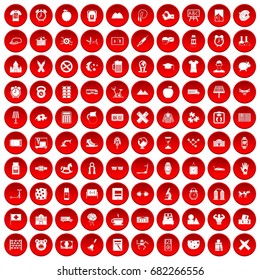 100 alarm clock icons set in red circle isolated on white vector illustration