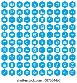 100 alarm clock icons set in blue hexagon isolated vector illustration