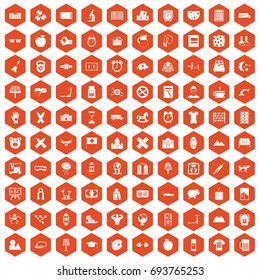 100 alarm clock icons set in orange hexagon isolated vector illustration