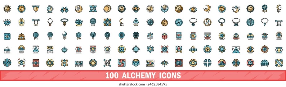 100 alchemy icons set. Color line set of alchemy vector icons thin line color flat on white