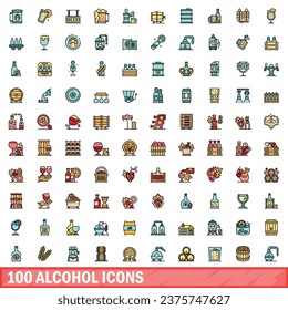 100 alcohol icons set. Color line set of alcohol vector icons thin line color flat on white