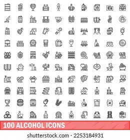 100 alcohol icons set. Outline illustration of 100 alcohol icons vector set isolated on white background