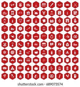 100 alcohol icons set in red hexagon isolated vector illustration