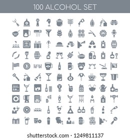 100 Alcohol universal icons pack with Cheers, Wine tasting, barrel, Beer, Bartender, Shaker, Cork, Orange juice, Bar
