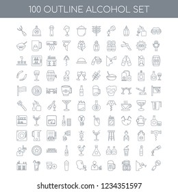 100 Alcohol universal icons set with Cheers linear, Wine tasting barrel Beer Bartender Shaker Cork Orange juice Bar linear
