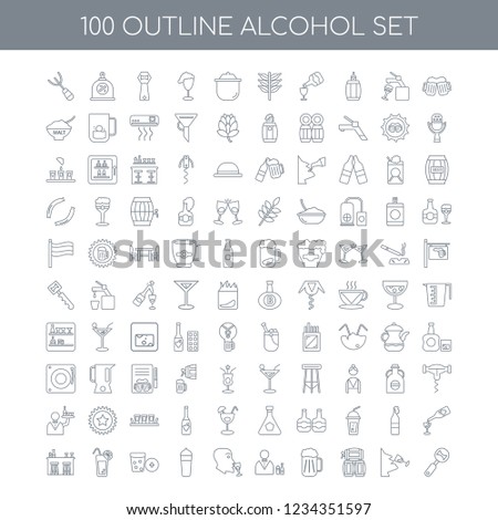 100 Alcohol universal icons set with Cheers linear, Wine tasting barrel Beer Bartender Shaker Cork Orange juice Bar linear