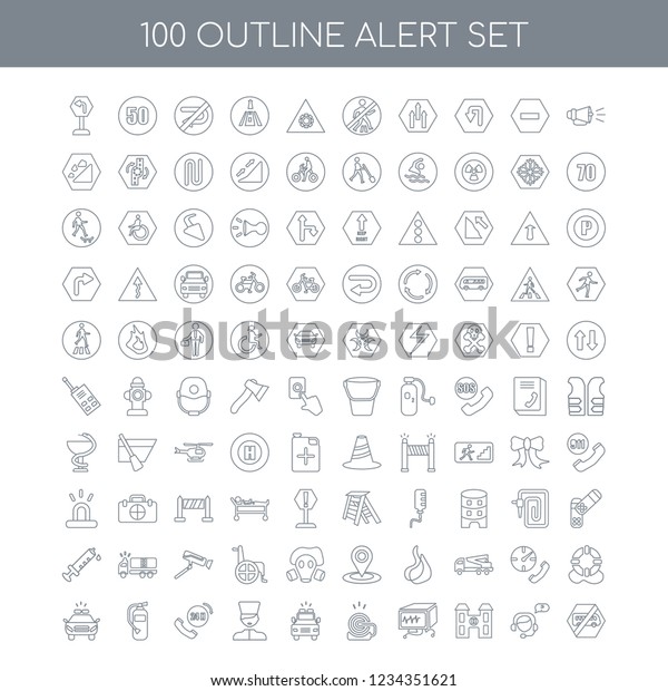 100 alert universal icons set with\
Megaphone linear, Support Hospital Ekg monitor Fire alarm Ambulance\
Medical support 24h extinguisher Police car\
linear