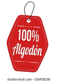 100% algodon (100% cotton) red leather label or price tag on white ( in spanish language ), vector illustration