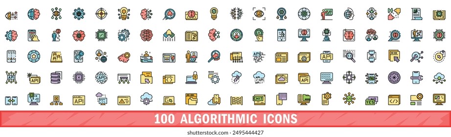 100 algorithmic icons set. Color line set of algorithmic vector icons thin line color flat on white