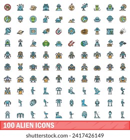 100 alien icons set. Color line set of alien vector icons thin line color flat on white