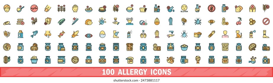 100 allergy icons set. Color line set of allergy vector icons thin line color flat on white