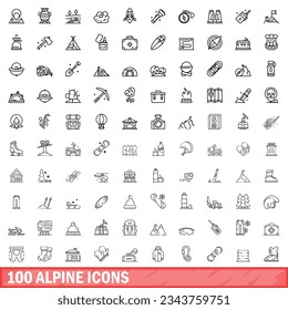 100 alpine icons set. Outline illustration of 100 alpine icons vector set isolated on white background