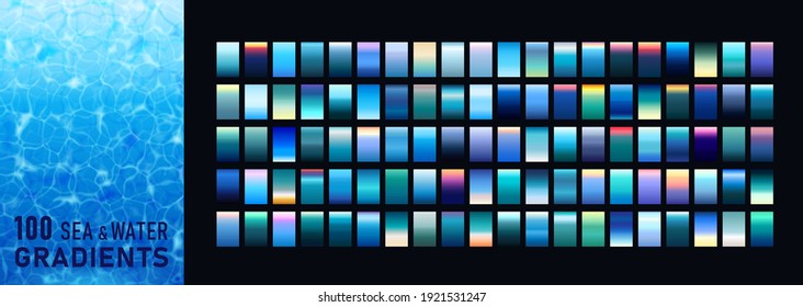 100 amazing sea and water gradients background set. Templates of texture for banner, poster, flyer, presentation, mobile apps and smartphone screen design. Sunset and sunrise Themes