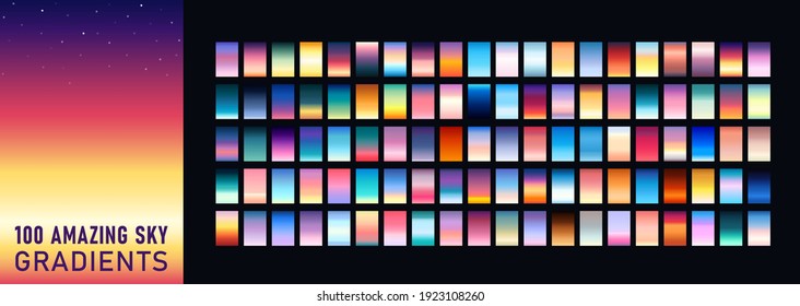 100 amazing sky gradients background set. Templates of texture for banner, poster, flyer, presentation, mobile apps and smartphone screen design. Sunset and sunrise Themes