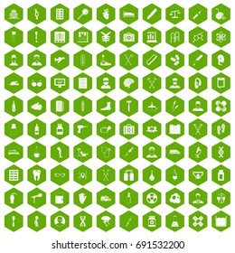 100 ambulance icons set in green hexagon isolated vector illustration