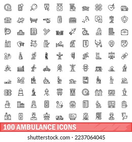 100 ambulance icons set. Outline illustration of 100 ambulance icons vector set isolated on white background