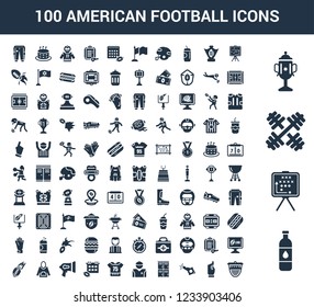 100 American Football universal icons set with Bottle of Water, Strategy, Barbell, Cup, Position, Foam Finger, Whistle, Lockers, Trainer, Jersey