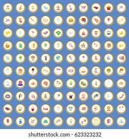 100 amusement icons circle set on blue background cartoon style vector illustration
