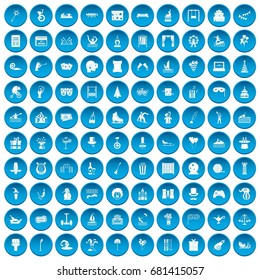 100 amusement icons set in blue circle isolated on white vector illustration
