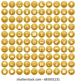 100 amusement icons set gold