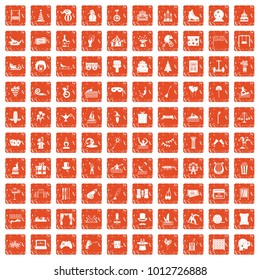 100 amusement icons set in grunge style orange color isolated on white background vector illustration