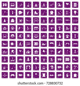 100 amusement icons set in grunge style purple color isolated on white background vector illustration