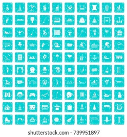 100 amusement icons set in grunge style blue color isolated on white background vector illustration
