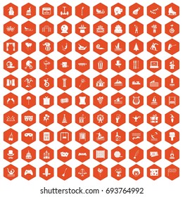 100 amusement icons set in orange hexagon isolated vector illustration