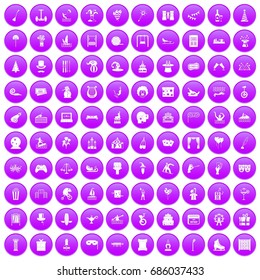 100 amusement icons set in purple circle isolated on white vector illustration