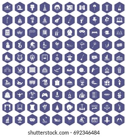 100 amusement icons set in purple hexagon isolated vector illustration