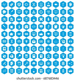 100 analytics icons set in blue hexagon isolated vector illustration