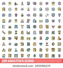 Conjunto de 100 iconos de análisis. Conjunto de línea de color de iconos de vectores analíticos línea fina color plana en blanco