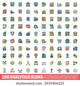 Conjunto de 100 iconos de análisis. Conjunto de línea de color de iconos de vectores analíticos línea fina color plana en blanco