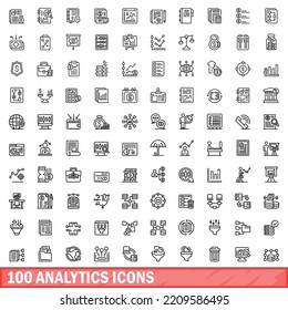 100 iconos de análisis establecidos. Ilustración de esquema de 100 iconos de análisis conjunto de vectores aislado en fondo blanco