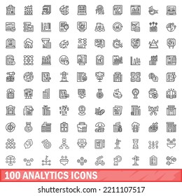 100 iconos de análisis establecidos. Ilustración de esquema de 100 iconos de análisis conjunto de vectores aislado en fondo blanco