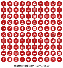100 analytics icons set in red hexagon isolated vector illustration