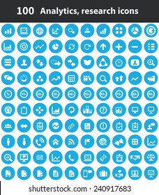 100 analytics, research icons, blue circle background 