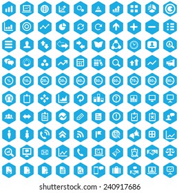 100 analytics, research icons, blue hexagon background 